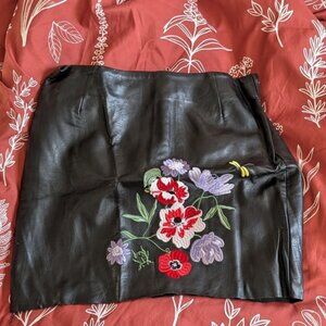 H&M Black Leather Skirt with Floral Embroidery
